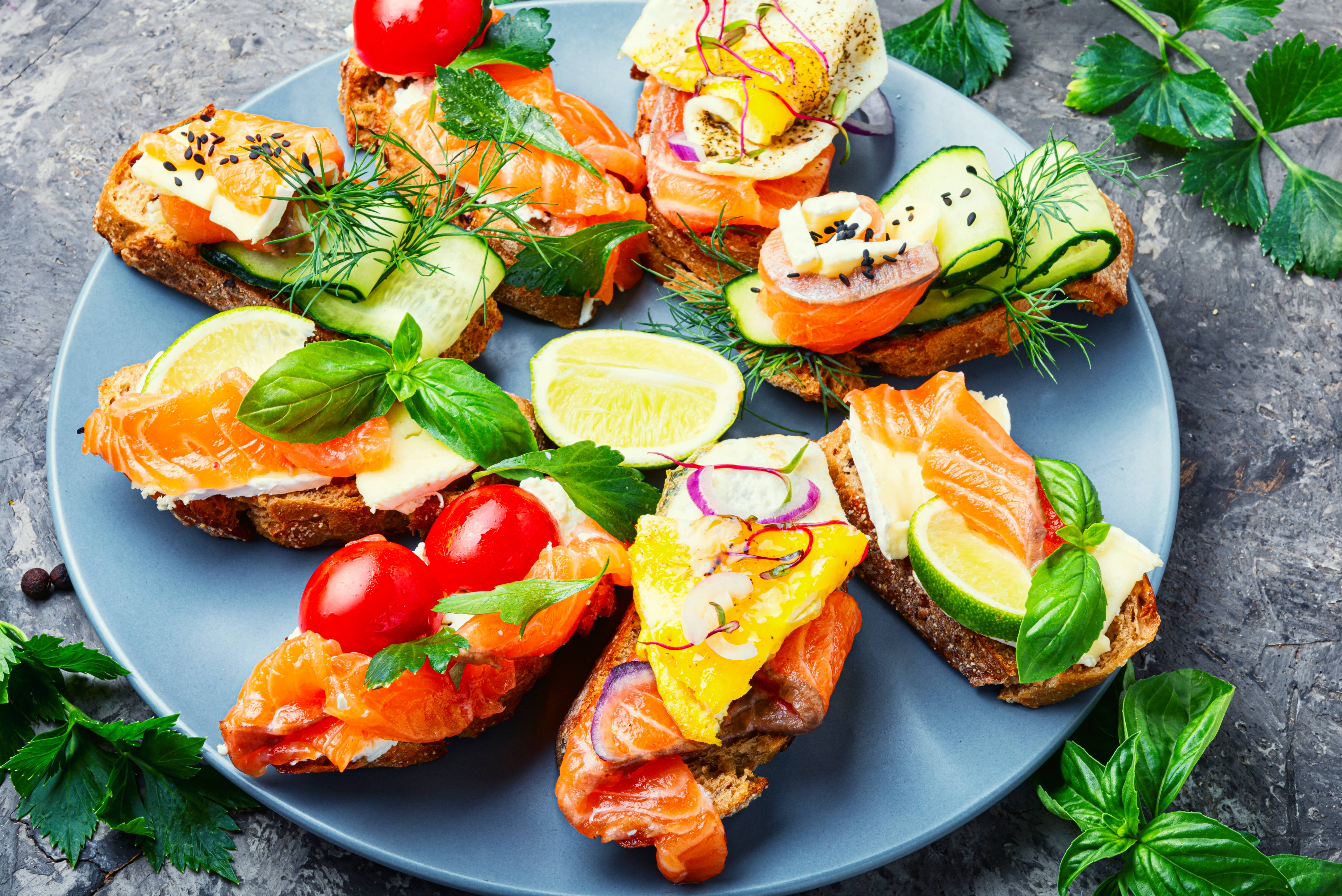 Assorted bruschetta with fish