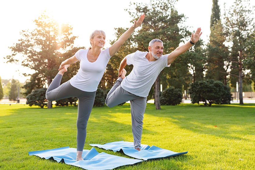 Lovely active fit elderly family couple practicing partner yoga outside in nature standing on rubber mat in lord of dance pose, smiling senior man and woman working out on green lawn in park